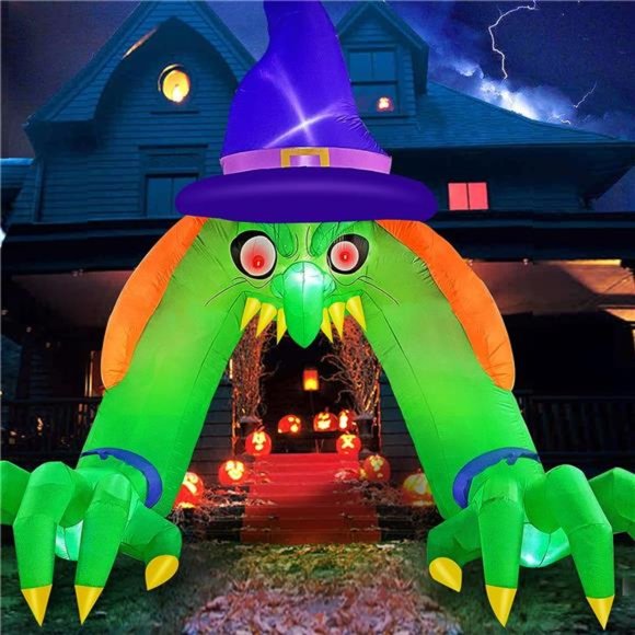 12 FT Tall Halloween Inflatables Green Witch Archway with Glowing Red Eyes LEDs